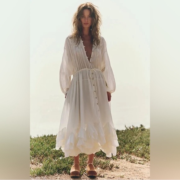 Free people Sea La Vie Midi Dress free-est button down ruffle white sz Medium - Picture 1 of 16